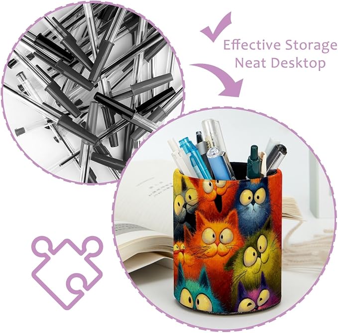 Funny Cats Pen Holder Pencil Organizer for Desk, 3.1” x 3.1” x 3.9” Pencil Cup Office Supplies, Large Capacity Cute Pen and Makeup Brush Holder for Desktop, Home, School