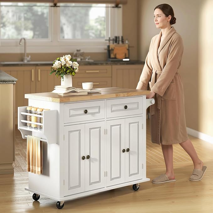 HOMCOM Kitchen Island Cart with Solid Wood Top, 44" Mobile Kitchen Island Table on Wheels with Storage Cabinets, 2 Drawers, Adjustable Shelves, Spice Rack & Towel Bar for Dining Room, White