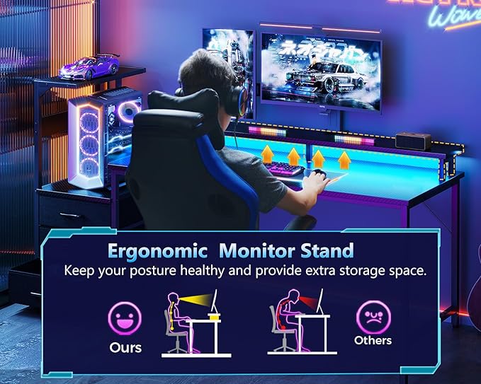 AODK Gaming Desk w/PC Showcase Stand, 59" Reversible, RGB LED, Black | Elevated stand fits Lian Li O11, Hyte Y60. Triple drawers hide cables, controllers, clutter.Your build deserves to be seen.