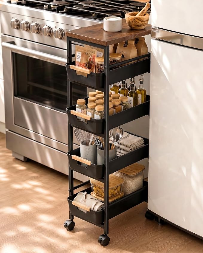 Pipishell Slim Rolling Storage Cart with Drawers & Lockable Wheels, 5 Tier Kitchen Cart with Safety Stops & Vented Design, Wood Top, Pull-Out Utility Cart for Kitchen, Bathroom, Laundry Room, Black