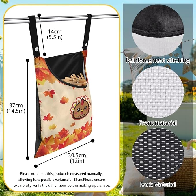 Turkey Clothespin Storage Moon Hanger Bags Maple Leaf Laundry Clothespin Bag with a Large Opening, Waterproof Hanging Storage Organizer with Hanging Rope for Home Outdoor