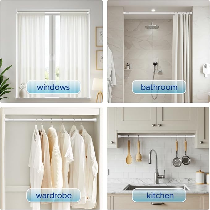 Tension Rods 48 to 84 Inch, 1" Heavy Duty Adjustable Spring Tension Curtain Rod - Non-Slip No Drill Shower Curtain Rod for Bathroom, Window, Closet & Doorway, White