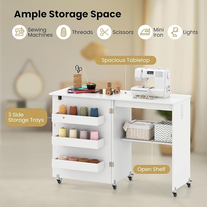 Giantex Folding Sewing Table with Charging Station, Storage Trays & Shelf | Rolling Craft Table with Lockable Wheels, Foldable Sewing Machine Cabinet Desk for Small Spaces, Dorms, White