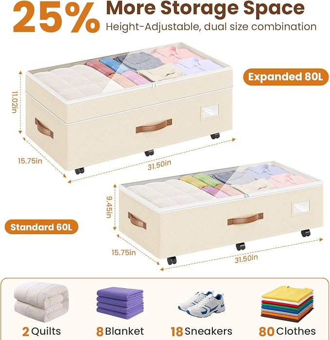 Budding Joy 80L 2 Pack Adjustable Under Bed Storage with Wheels, Beige | Underbed containers with clear lids, rolling underbed shoe storage organizer for dorm clothes, blankets, easy to install