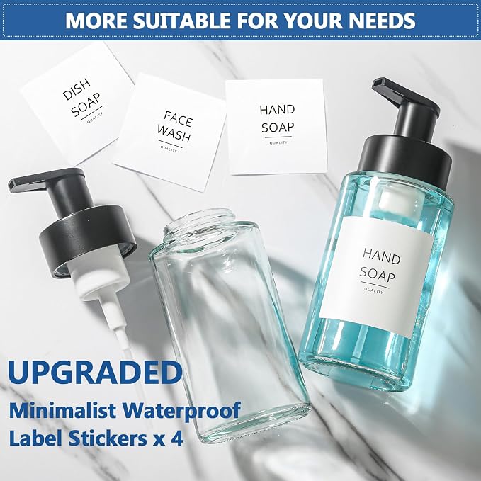 RYTOXILO Foaming Soap Dispenser, 10 oz/300ml Foaming Hand Soap Dispenser, 3 Pack Glass Foaming Soap Dispenser for Bathroom & Kitchen, Clear Refillable Foam Soap Dispenser Bottle with Waterproof Labels