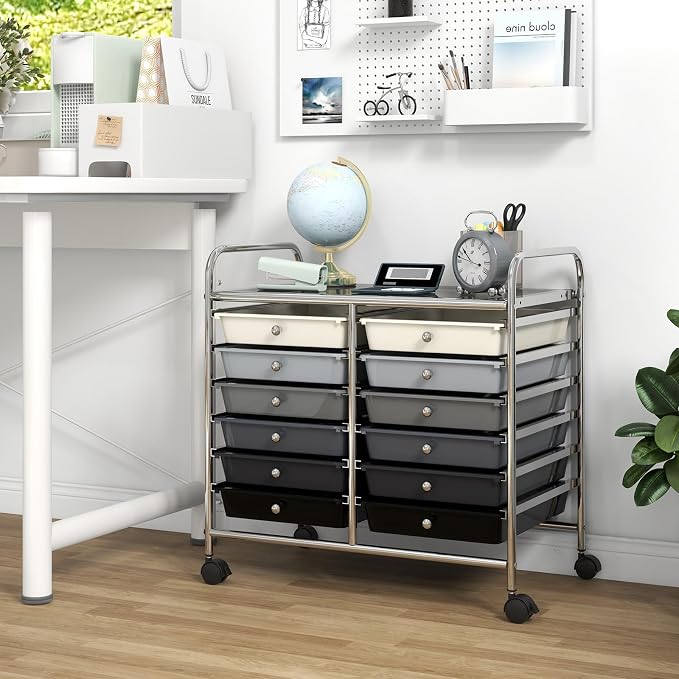 GOFLAME 12-Drawer Rolling Storage Cart, Multifunctional Art Craft Organizer Cart, Mobile Utility Storage Cart with Removable Drawers & Lockable Wheels, Craft Cart for Home Office School, Grey Gradient