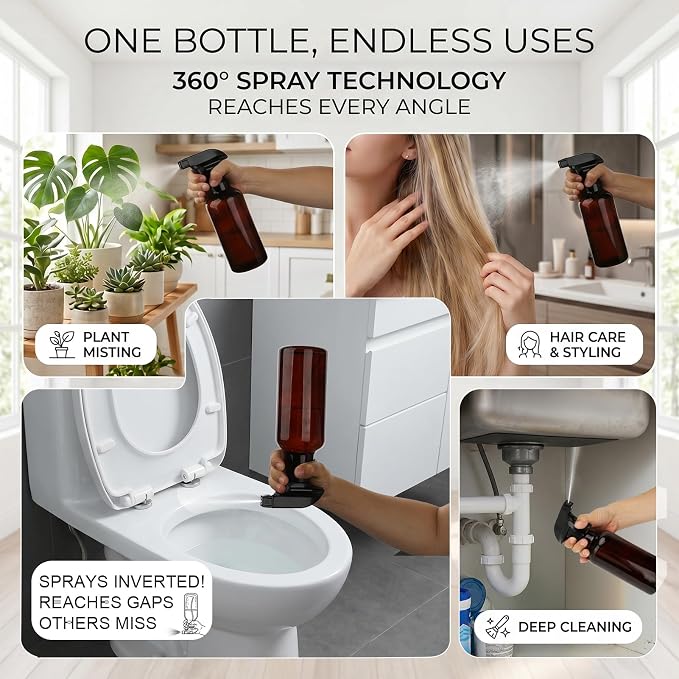 16.9oz Glass Spray Bottles 2 Pack, 360° Any-Angle Spraying | Refillable Leak-proof Bottles with Adjustable Nozzle; Ideal for Cleaning, Essential Oils, Plants & Hair Care