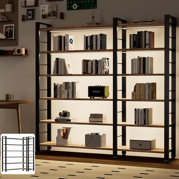 INNOD 69" X 50" Straight Wide 6 Tier Bookshelf with LED Light, L Shaped Bookcase with Adjustable Feet, Corner Book Case with 12 Open Shelves, Shelf Unit Display Shelf for Living Room, Home Office
