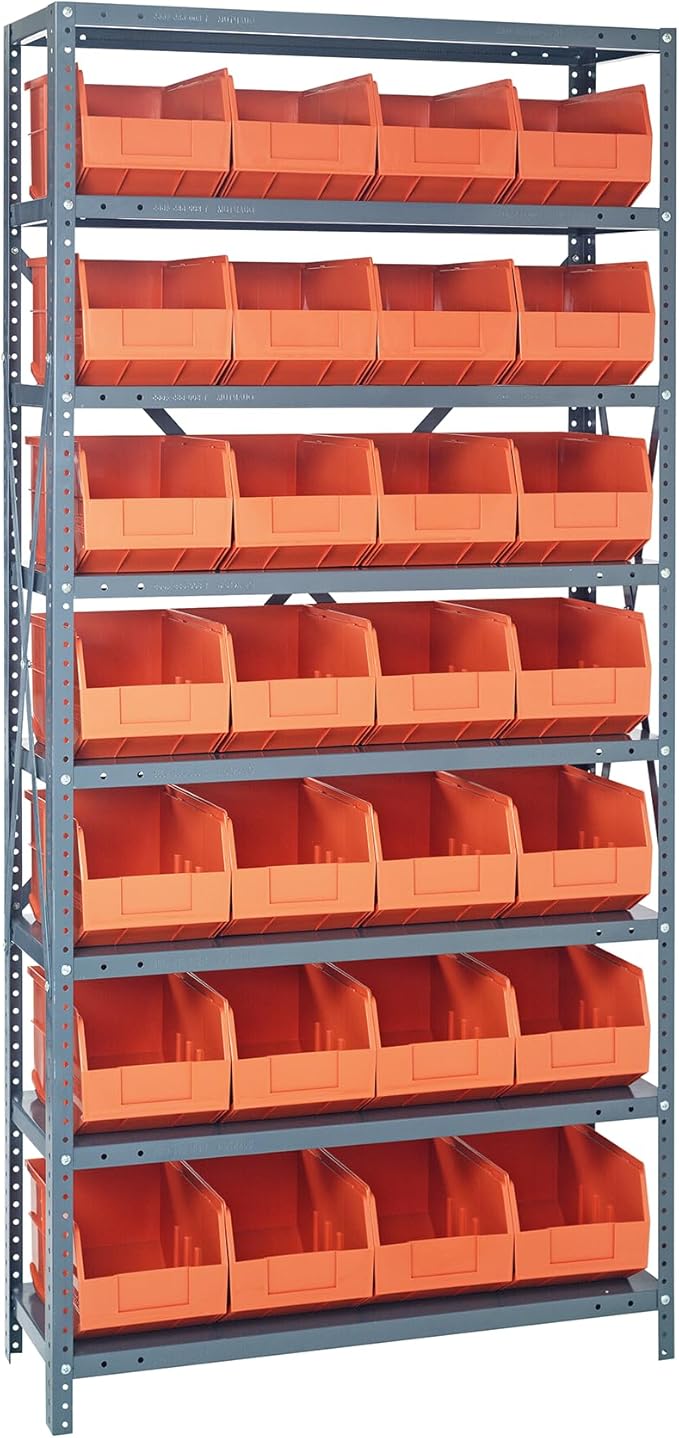 Quantum Storage Systems 2475-483OR Shelving Unit, 24" D x 36" L x 75" H, Carbon Steel, Galvanized with Orange Bins