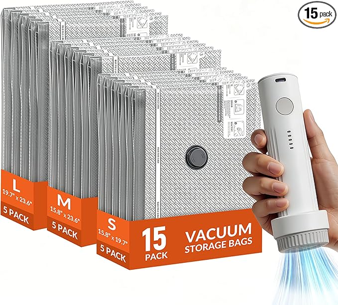 15 Pack Vacuum Storage Bags with Electric Pump for Travel Luggage Clothes | Travel compression space saver vacuum seal bags for closet storage, portable electric pump included for suitcase packing