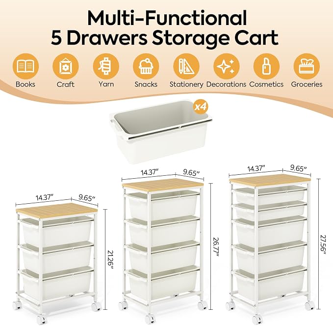 Slim Rolling Storage Cart with 4 Drawers, Craft Organizer, Wooden Tabletop Utility Cart for Bedroom, Children's Room and Office Organization, Table Side Trolley with Lockable Wheels, White