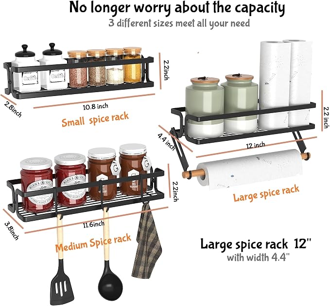 Spice Rack Wall Mount, Black, 3 Pack | Paper Towel Holder and Hooks, Screw or Adhesive Hanging, Space Saving, For Seasonings, Stove, RV, Cabinet