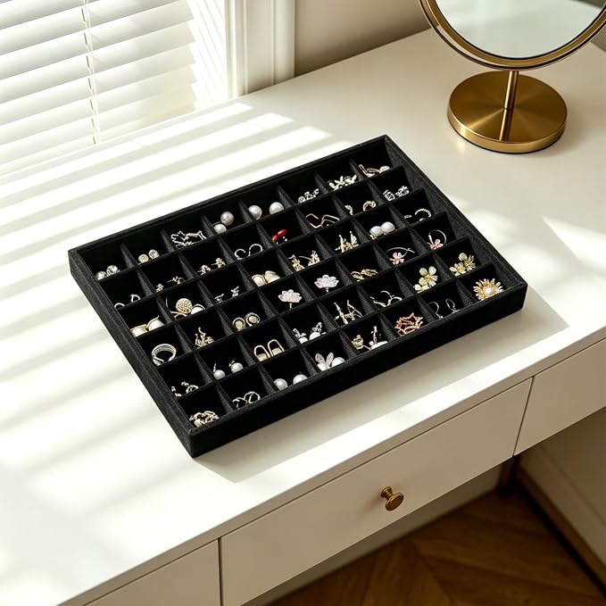 Large Stackable Jewelry Tray 4 Pack Velvet Jewelry Display Drawer Inserts Trays Organizer for Earring Bracelet Necklace Ring (Black, 48 Grids)