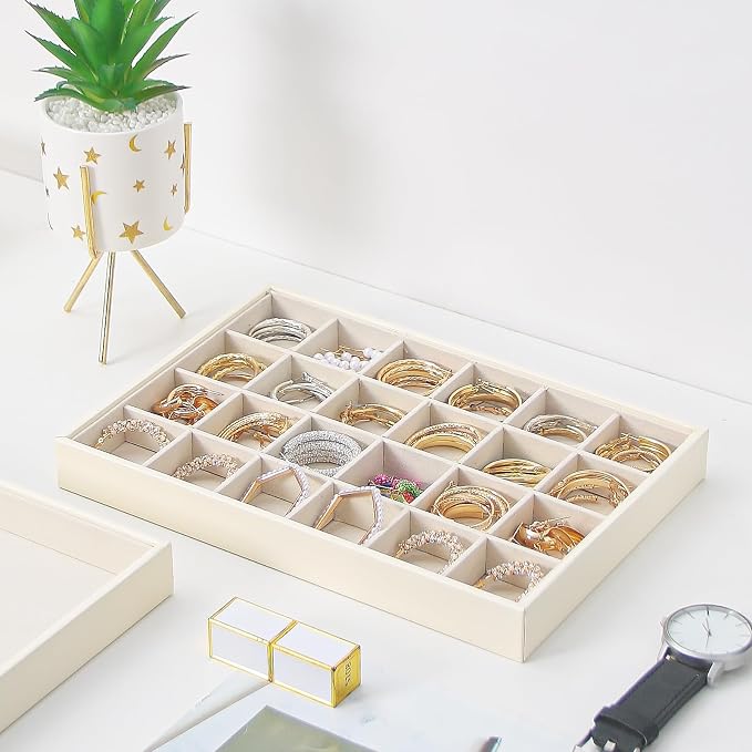 Stackable Jewelry Organizer Tray For Drawers,White Leather Small Earring Storage Tray,Bracelet And Necklace Display Box,Jewelry Ring Display Case (24 Grids)
