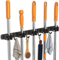 CUXIXA Mop and Broom Holder Wall Mount, Upgraded Broom Organizer Wall Mount, Stainless Steel Broom Hanger Wall Mount for Home Kitchen Garden Laundry Garage (5 Racks with 4 Hooks Black)