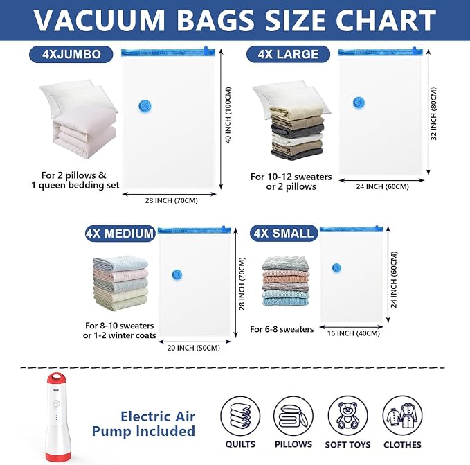 Vacuum Seal Bags for Clothing with Rechargeable Electric Pump,16Pcs | (4Jumbo 4Large 4Medium 4Small) Vacuum Storage Bag for Travel &Home Storage, Space Saver for Luggage, Bedding, Clothes