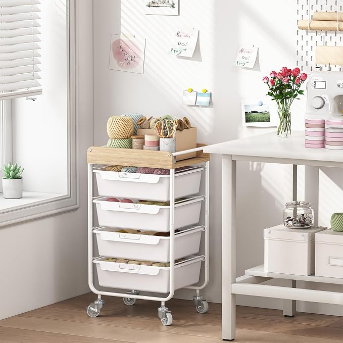 Rolling Craft Storage Cart with 4 Drawers,Utility Cart with Drawers,Art Craft Organizers and Storage,Kids Craft Cart,Kids Art Cart With DIY Lable and Wooden Tabletop Area,White