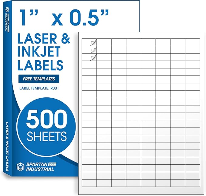 1" X 0.5" Matte White Printable Barcode Labels (500 Sheets, 80000 Stickers) UPC Labels and Price Tags for Laser & Inkjet Printers - Spartan Industrial Template R001