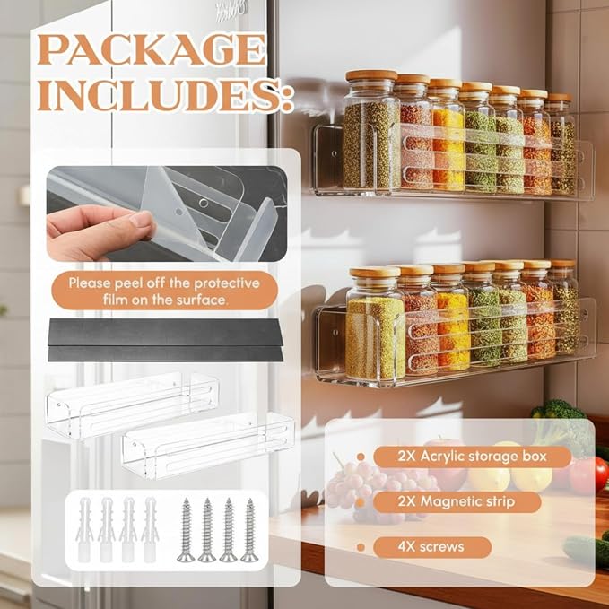 Novabright 2 Pack Magnetic Acrylic Spice Rack for Refrigerator, 11.8" Clear Fridge Shelf Organizer with Strong Magnetic Back, No-Drill Storage Holder for Spices, Kitchen, Pantry, Laundry Room