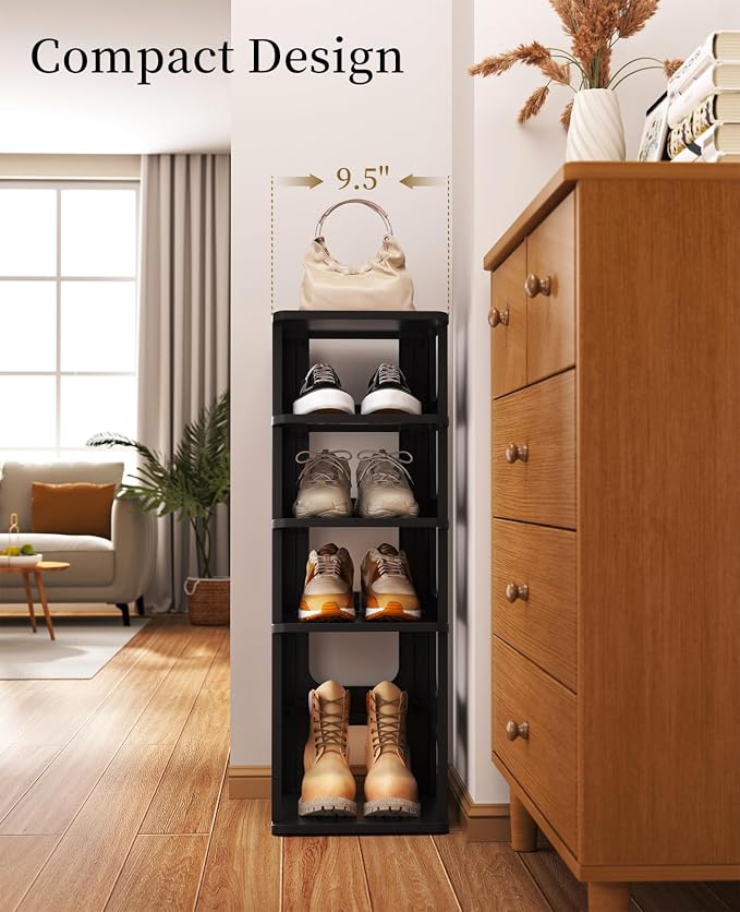 Stackable Small Shoe Rack for Closet 10 Tier - Remove Shelf for Boots | Easy tool-free assembly, sturdy stable structure, for small spaces, slim adjustable shoe rack saves space, modular design