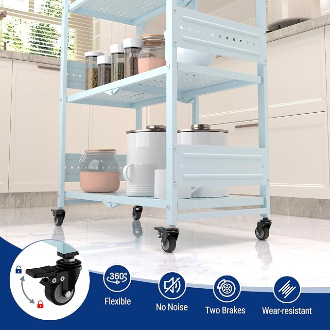 WORKPRO 4-Tier Folding Shelf, No-Assembly Metal Storage Rack with Wheels, 600 lbs Capacity (with Leveling Feet), Collapsible Shelving Unit for Kitchen, Pantry, Closet & Craft Shows - Blue