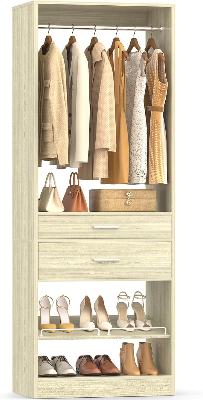 Unikito 25” W x 80'' H Closet System Organizer with Hanging Rod and 2 Wooden Drawers, Adjustable Shoes Rack, Sturdy Garment Racks, Walk-in Closet Tower for Bedroom, Mudroom, and Entryway, White Oak