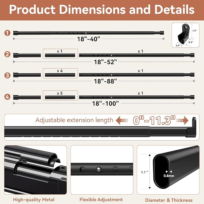 Oval Closet Rod 18-52 Inch Adjustable Closet Rods for Hanging Clothes Heavy Duty Black Poles Bar with End Supports Rust Proof Wardrobe Rod for Laundry Room RV