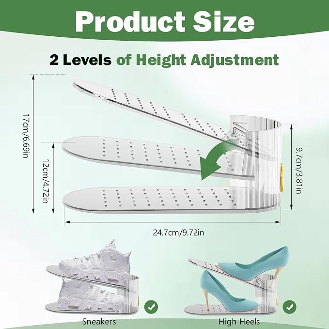 Adjustable Slot Organizer for Pairs of Shoes, Space Saver, Double Deck Riser Rack, Closet Organizer (Clear, 20 Pack)