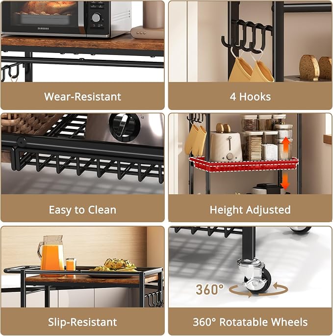 Microwave Kitchen Rolling Cart, 35.43" H Microwave Table Stand with Lockable Wheels, Utility Cart with Adjustable Shelf for Small Kitchen Island, Coffee Bar Table, Appliance Storage, Bakers Rack
