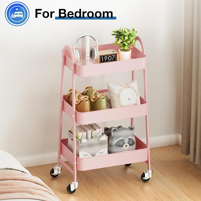 DUMOS 3 Tiers Rolling Cart, Utility Cart, Metal, Pink | Mobile Storage, Lockable Wheels, Utility Shelving Unit, Kitchen, Bathroom, Laundry, Narrow Places