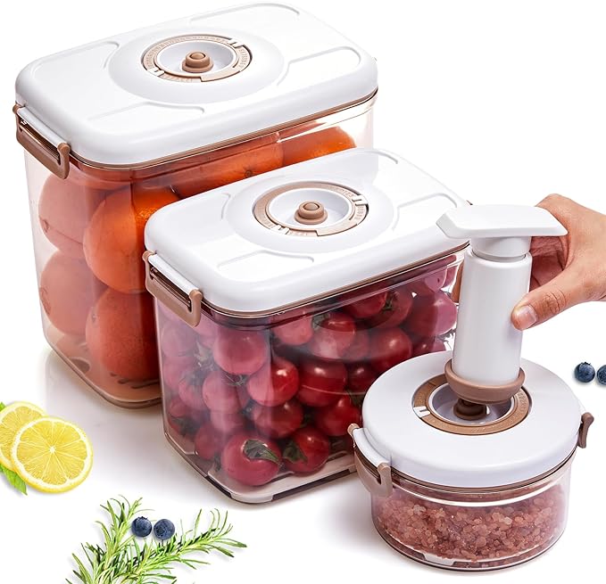 3-Pcs Large Food Saver Containers for Vacuum Seal,Keep Fresh | Pump&Strainer,Leakproof,BPA-Free,Easy to clean,Space-Saving,Kitchen&Outdoors,Marinating, Meal Prep