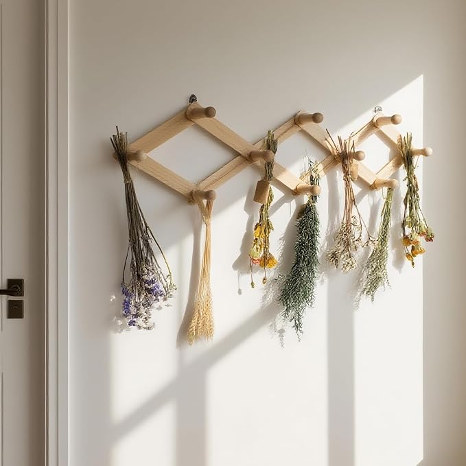 Tnstbiee Rustic Adjustable Hanging Herb Drying Rack-Holds 10 Bouquets, Space-Saving Herb Flower Dryer with Adhesive Wall Hooks for Herb Display Rack,Kitchen Wall Décor-Unusual Gifts for Gardener Woman