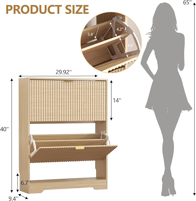 HUANLEGO Shoe Cabinet Storage for Entryway with 2 Flip Drawers, Fluted Shoe Cabinet with Open Storage, Wooden Hidden Shoe Rack Freestanding Narrow Slim Shoe Organizer for Hallway, Entrance