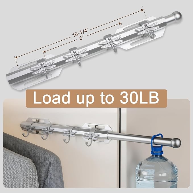 12" Valet Rod for Closet Pull Out with 4 Dragonfly-shaped Hooks, Silver