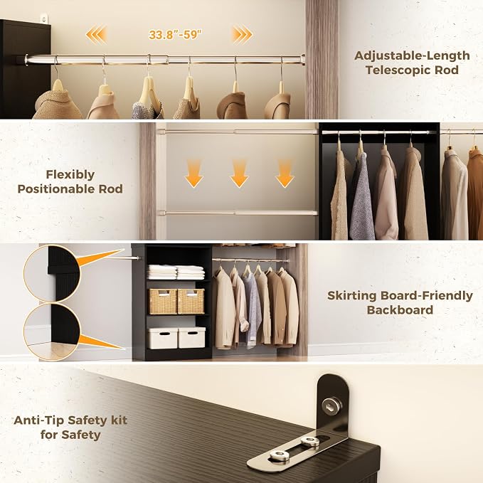 Homieasy Closet System, 4.5-11.5 Ft Expandable Closet Organizer with 5 Hanging Rods, Walk-in Wood Closet Organizer System with Storage Tower, Heavy Duty Garment Rack Wardrobe for Bedroom, Black