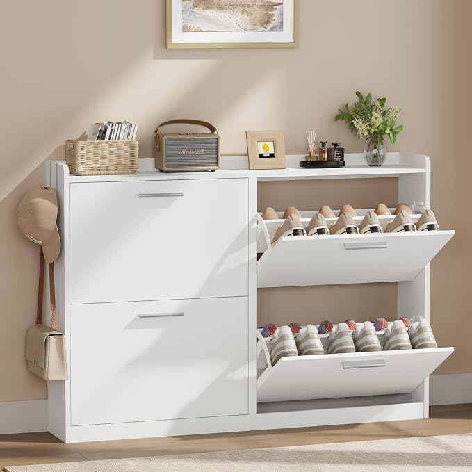 Shoe Cabinet with 4 Flip Drawers, Freestanding Shoe Rack Organizer with Adjustable Shelves, 47.2" W x 8.7" D x 33.1" H Narrow Shoe Storage Cabinet for Entryway, Foyer, Hallway, White
