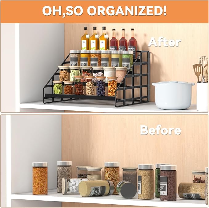 Bunoxea 4 Tier Adjustable Spice Rack for Cabinet & Countertop, Black 2Pack | Depth Adjustable,Anti-drop Guard Rail,Tiered Cabinet Organizer,Holds 24+ Jars,for Cabinet, Pantry & Kitchen Countertop