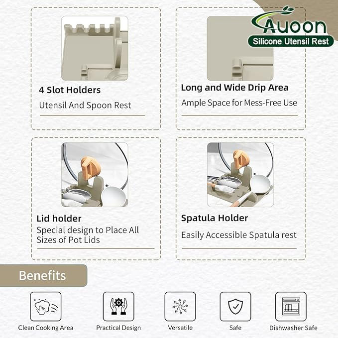 Auoon Silicone Spoon Rest with Lid Holder, 3-in-1 Kitchen Utensil Rest for Soup Ladles, Pot Lids, Spatulas, Spoons, Tongs, BPA Free & Dishwasher Safe, 8.26 x 8.06 Inch (Milk Shake, Large)