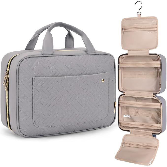 BAGSMART Toiletry Bag Travel Bag with Hanging Hook, Water-resistant Makeup Cosmetic Bag Travel Organizer for Accessories, Shampoo, Full Sized Container, Toiletries (Medium-Grey)