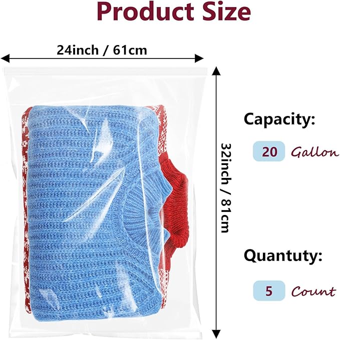 Extra Large Plastic Bags With Zipper Top, 24x32in,3-Mil Thick,5 Pack,Storage Bags for Clothes,Travel, Moving, Reusable,Heavy-Duty,BPA-Free, Clear Plastic