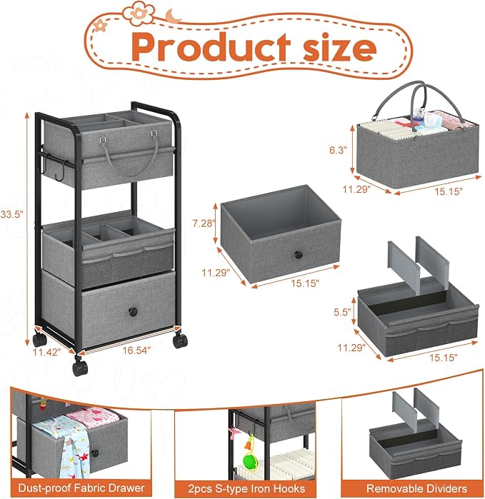 Cidaziya 3In1 Baby Diaper Caddy Organizer, 3 Tier Rolling Cart with Drawer, Detachable Dividers, Mobile Utility Cart Baby Dresser Clothes Organizer for Crib, Bedroom, Art & Craft Storage, Grey