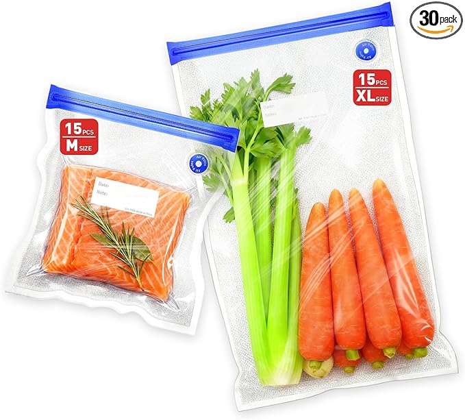 30 Pcs Reusable Vacuum Sealer Bags for Food, 2 Size BPA-Free Vacuum Storage Bags with Sealing Clips & Leak-Proof Design for Sous Vide Cooking, Freezer, Microwave Heating