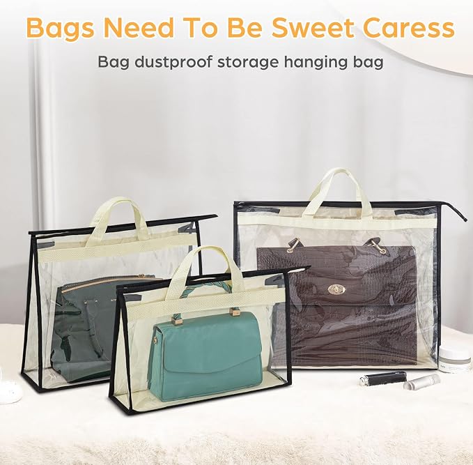 12 Packs Dust Bags for Handbags, Clear Handbag Storage, Purse Storage Organizer for Closet, Purse Cover Hanging Closet Organizer with Zipper and Handles | Purse Storage Organizer for Closet, Purse Cover Hanging Closet Organizer with Zipper and Handles