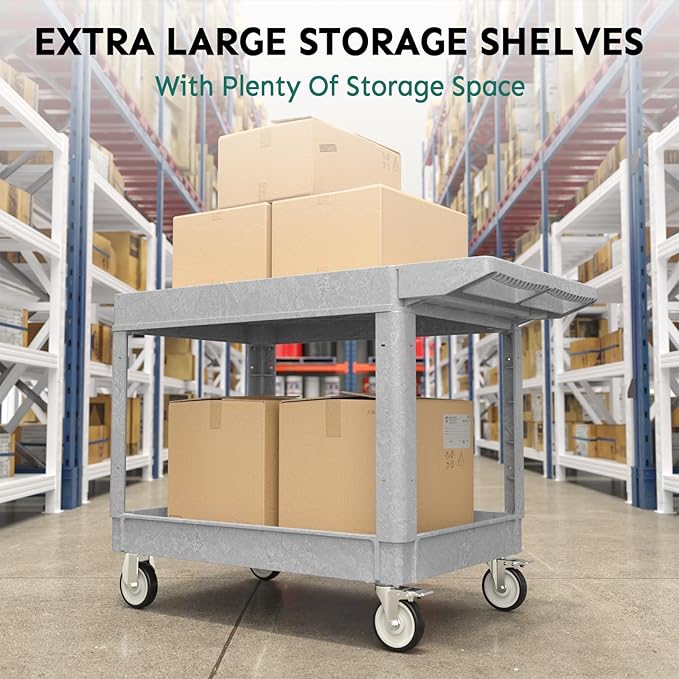 Plastic Utility Cart on Wheels, Large Flat Top Rolling Service Cart-Gray | 46 x 25 Inch 2 Shelf Work Carts, 500 lbs Capacity Heavy Duty Tool Cart W/Tub Storage, for Warehouse, Garage, Cleaning