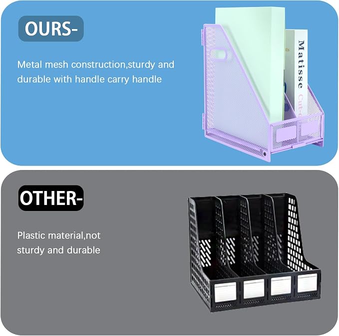 Desk Organizers Metal Magazine File Holder Racks Desktop Folder Storage Binder Organiser Document Organization for Home Office & Classroom,2 Vertical Compartments-Purple