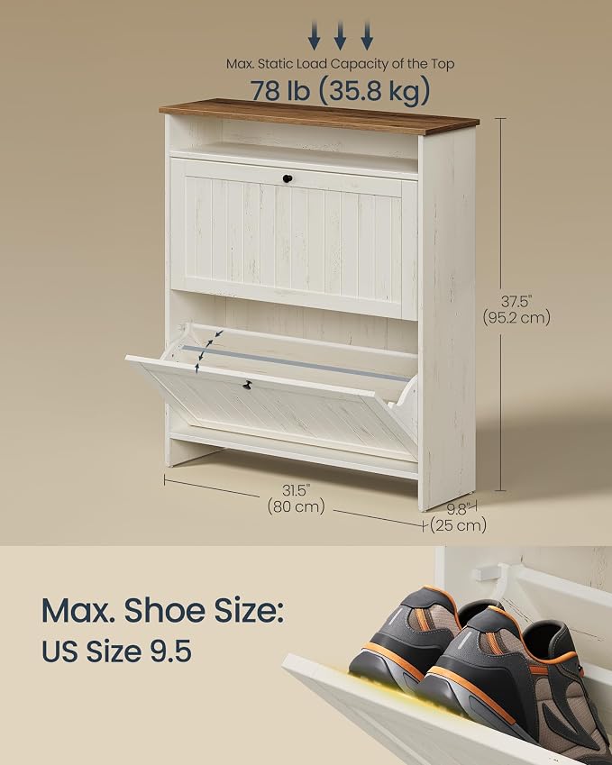 SONGMICS Home Shoe Cabinet, Snapsemble Superfast Assembly, Shoe Storage Cabinet for Entryway with 2 Flip Drawers, Adjustable Dividers and Open Storage, Farmhouse, Rustic White and Honey Brown