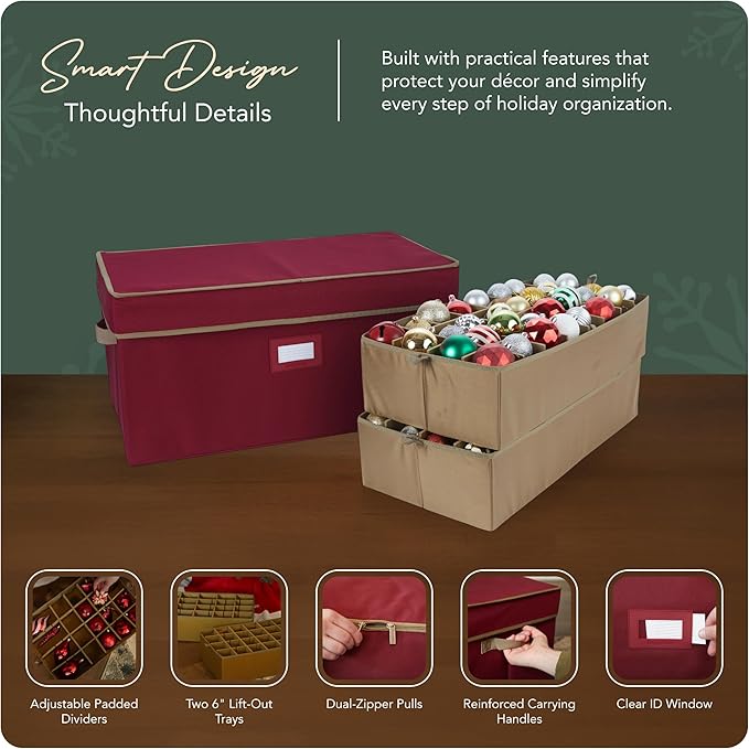 Covermates Keepsakes Adjustable Ornament Storage Box – Heavy-Duty Polyester, Padded Dividers & FlexGrid Trays – Protective Holiday Organizer with Stackable Walls & Label Window, Red