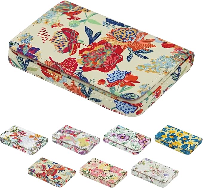 Business Card Holder，PU Leather Business Card Case Color Printing Pattern Card Holder Wallet，Pockets Magnetic Credit Card Holders for Men and Women - Purple Flowers