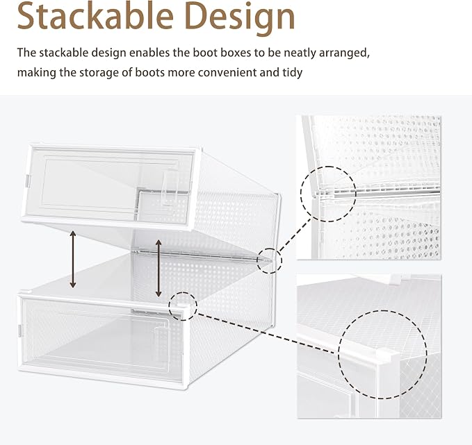 4 Pack Stackable Shoe Storage Boxes, Plastic Shoe Organizer Drawers Bins for Closet, Ventilated Shoe Containers with Lids for Sneakers, Heels and Boots, Clear