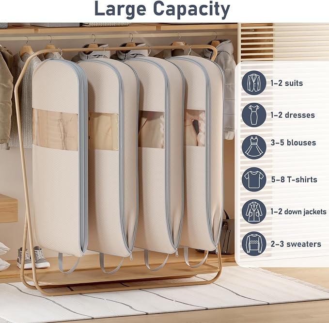DIMJ 2 Pack 43" Space Saving Garment Bags for Hanging Clothes With Compression Zipper Carry Handles and Window, Washable Suit Bag for Dress, Clothes, Coats, Down Jacket, Closet, Moving, Travel